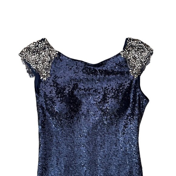 Pronovias navy sequins beaded silver shoulders gown size 16 - Picture 4 of 8